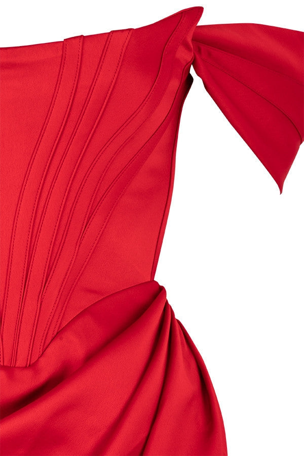 red satin off shoulder dress