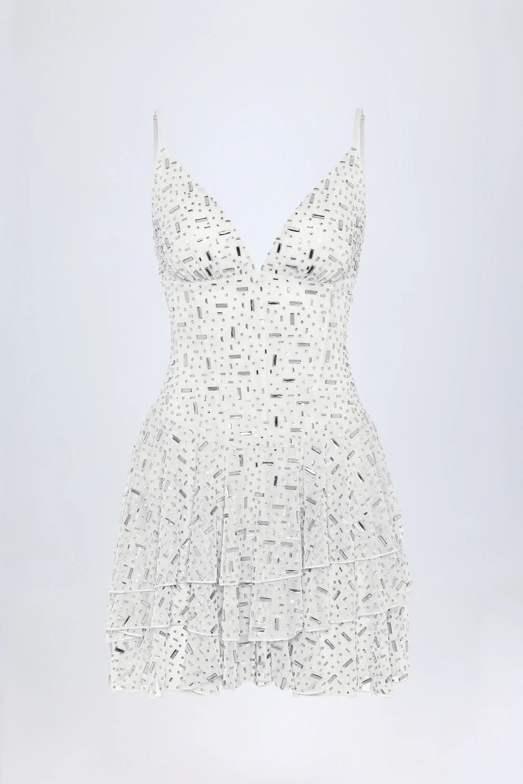 Embellished Ruffled Tiered Mini Dress in White