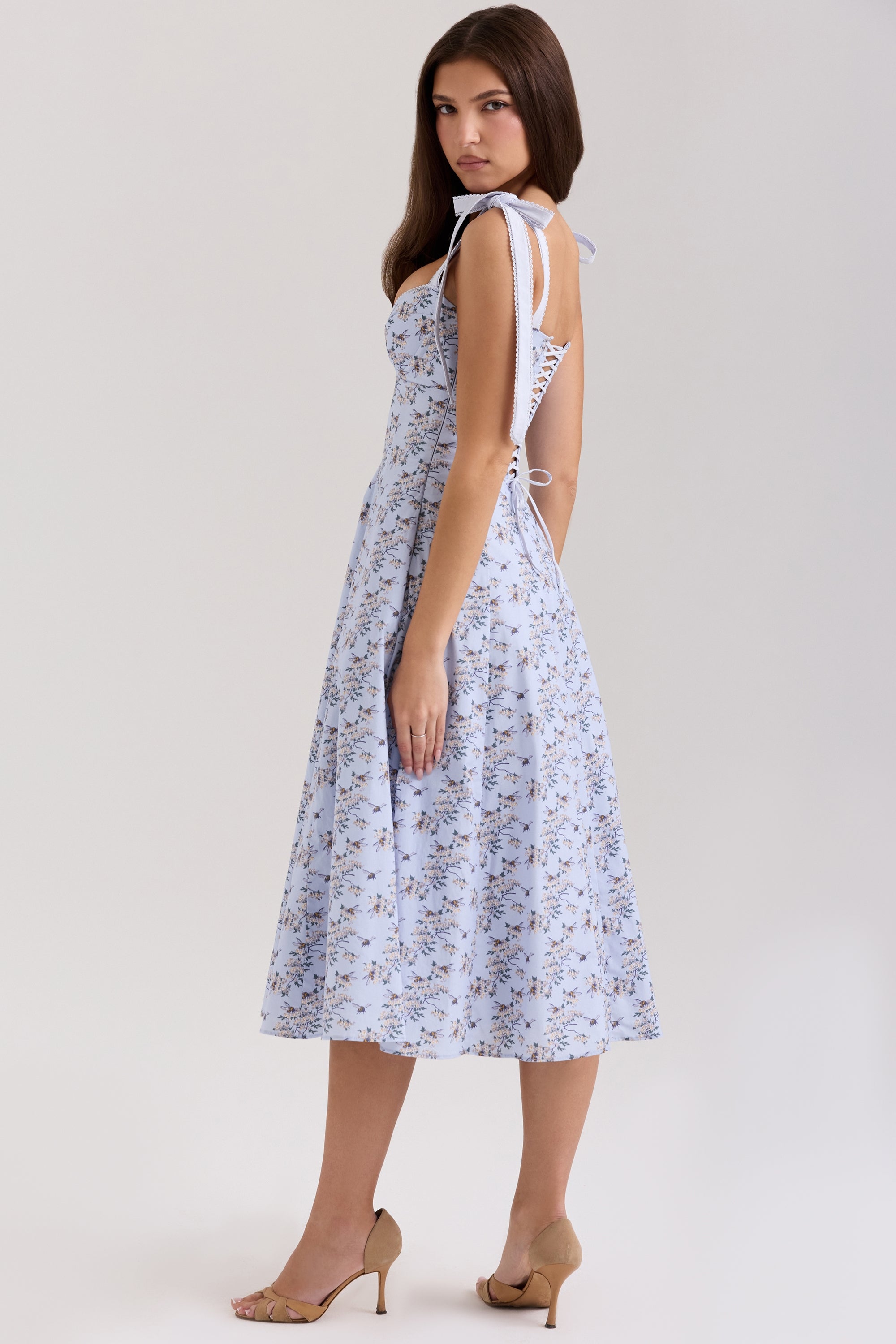 blue floral print stretch cotton midi sundress