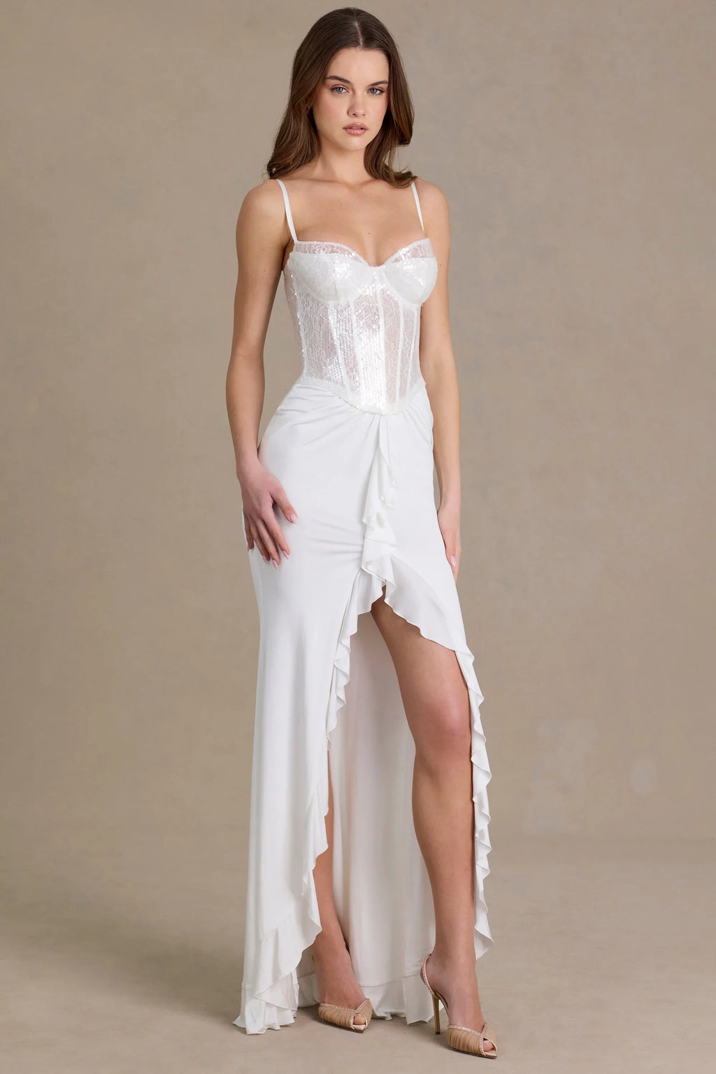 Embellished Lace Corset Gown in White