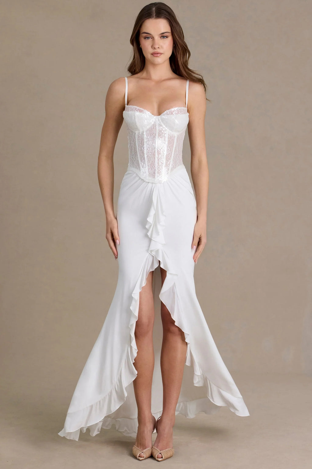 Embellished Lace Corset Gown in White