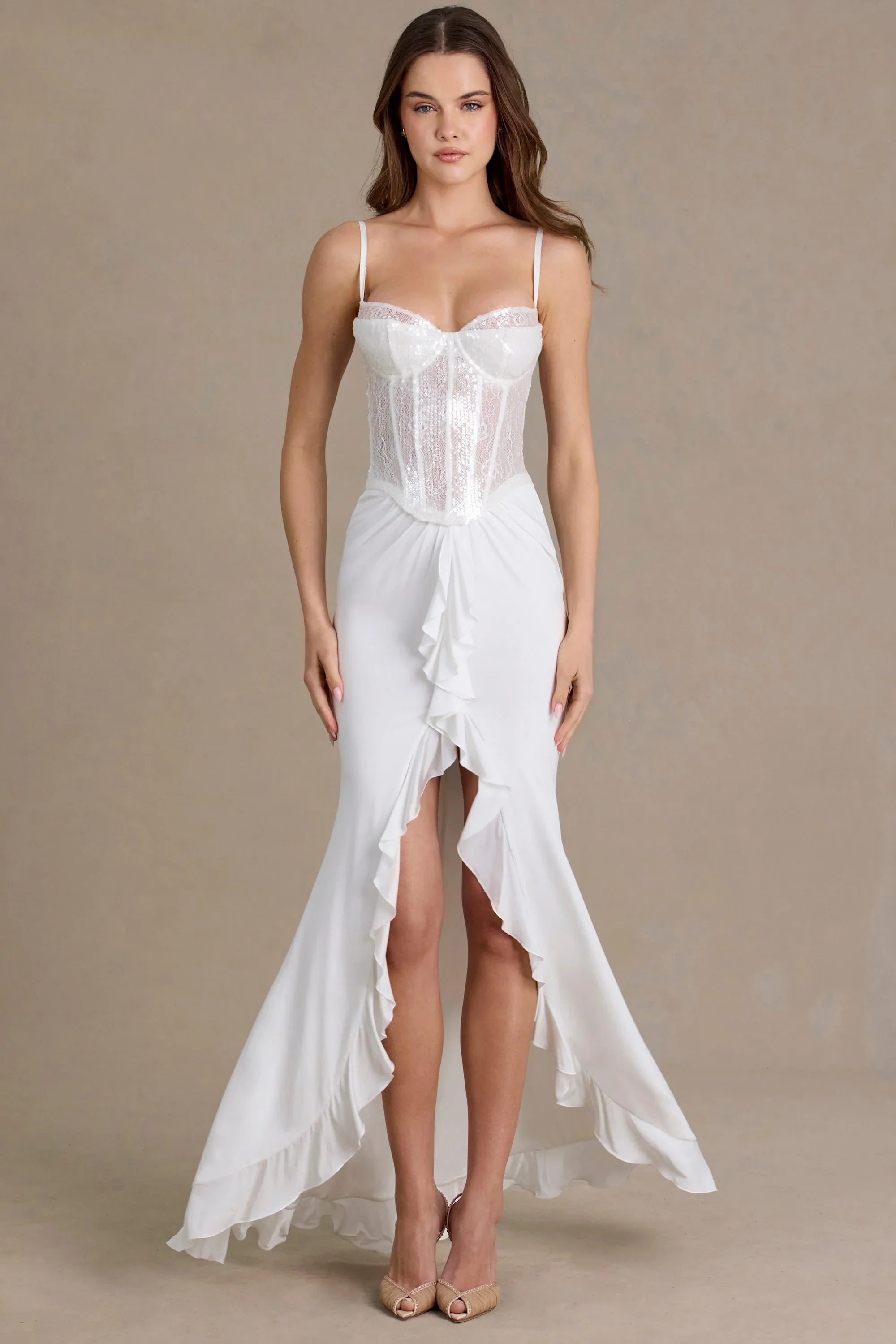 Embellished Lace Corset Gown in White