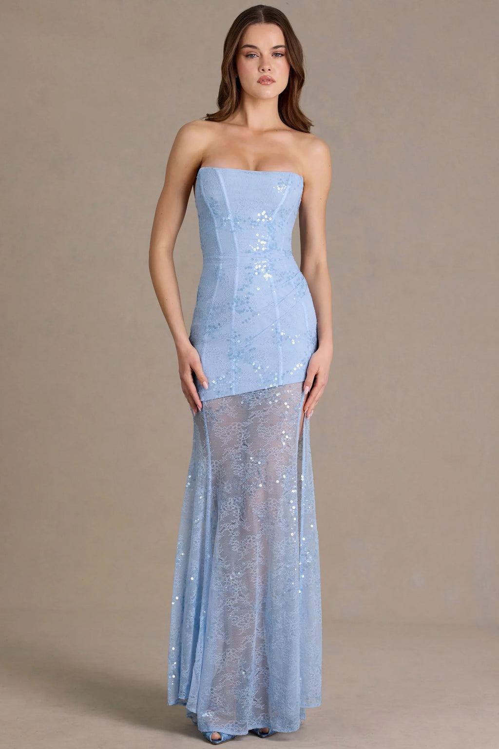 Embellished Lace Corset Gown in Sky Blue