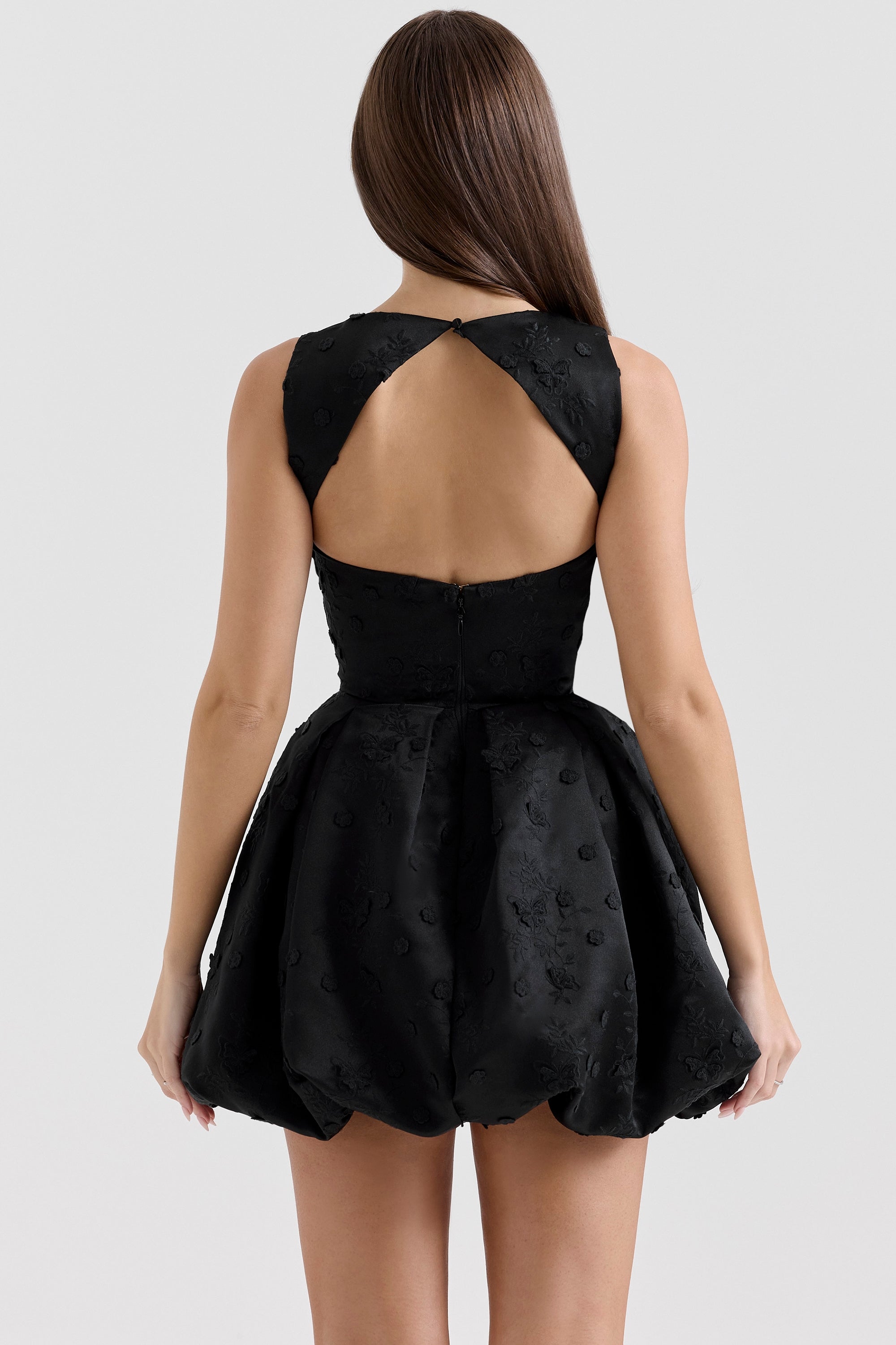 black backless embroidered mini puffball dress