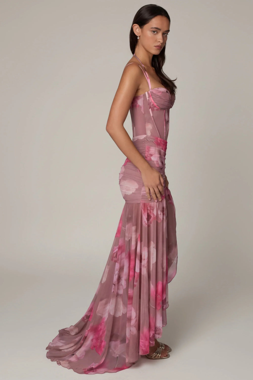 Ruched Asymmetric Corset Gown in Blurred Floral