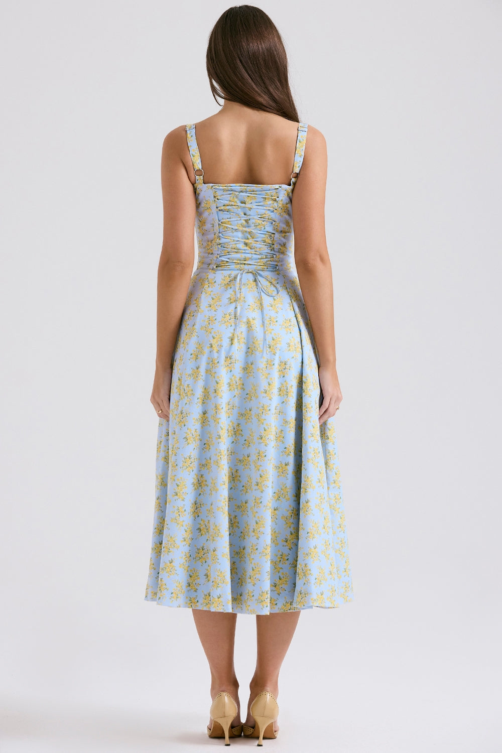 soft blue vintage floral print cotton bustier sundress