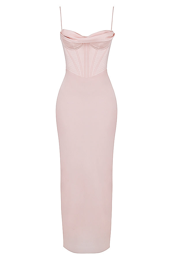 blush pink corset maxi dress