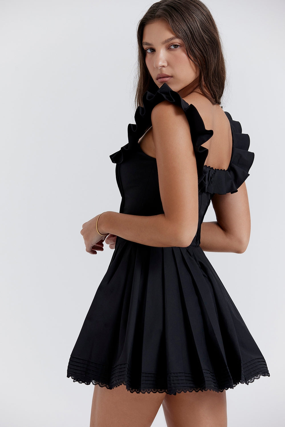black pin tuck pleated dress