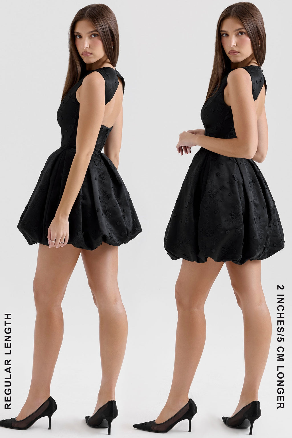 black backless embroidered mini puffball dress