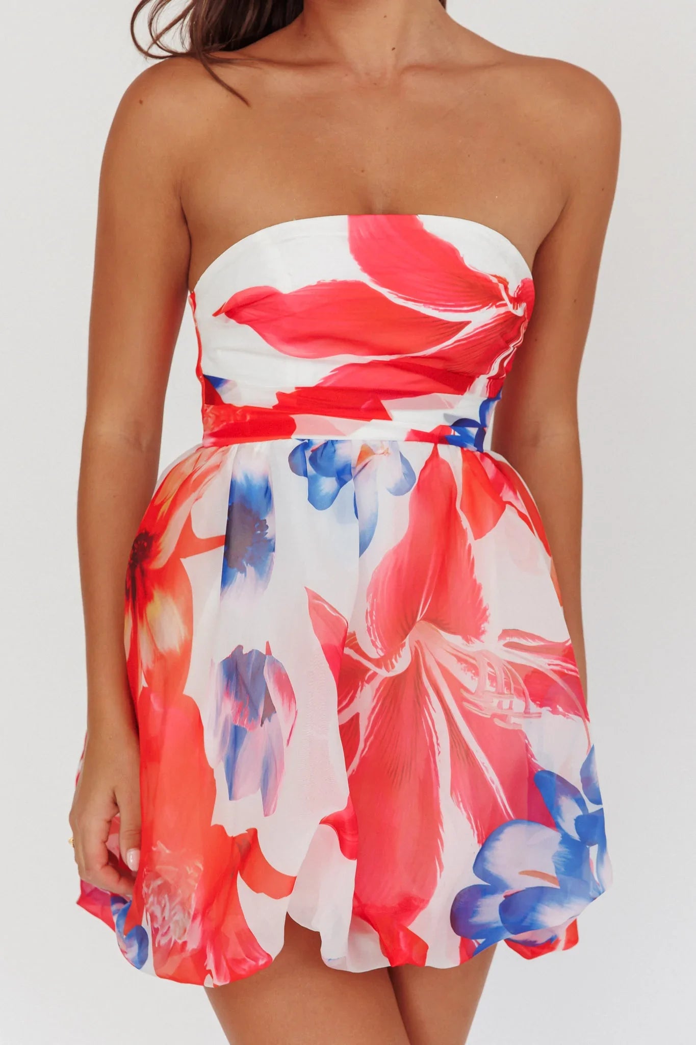 Kandi Strapless Bubble Hem Skirt Floral White