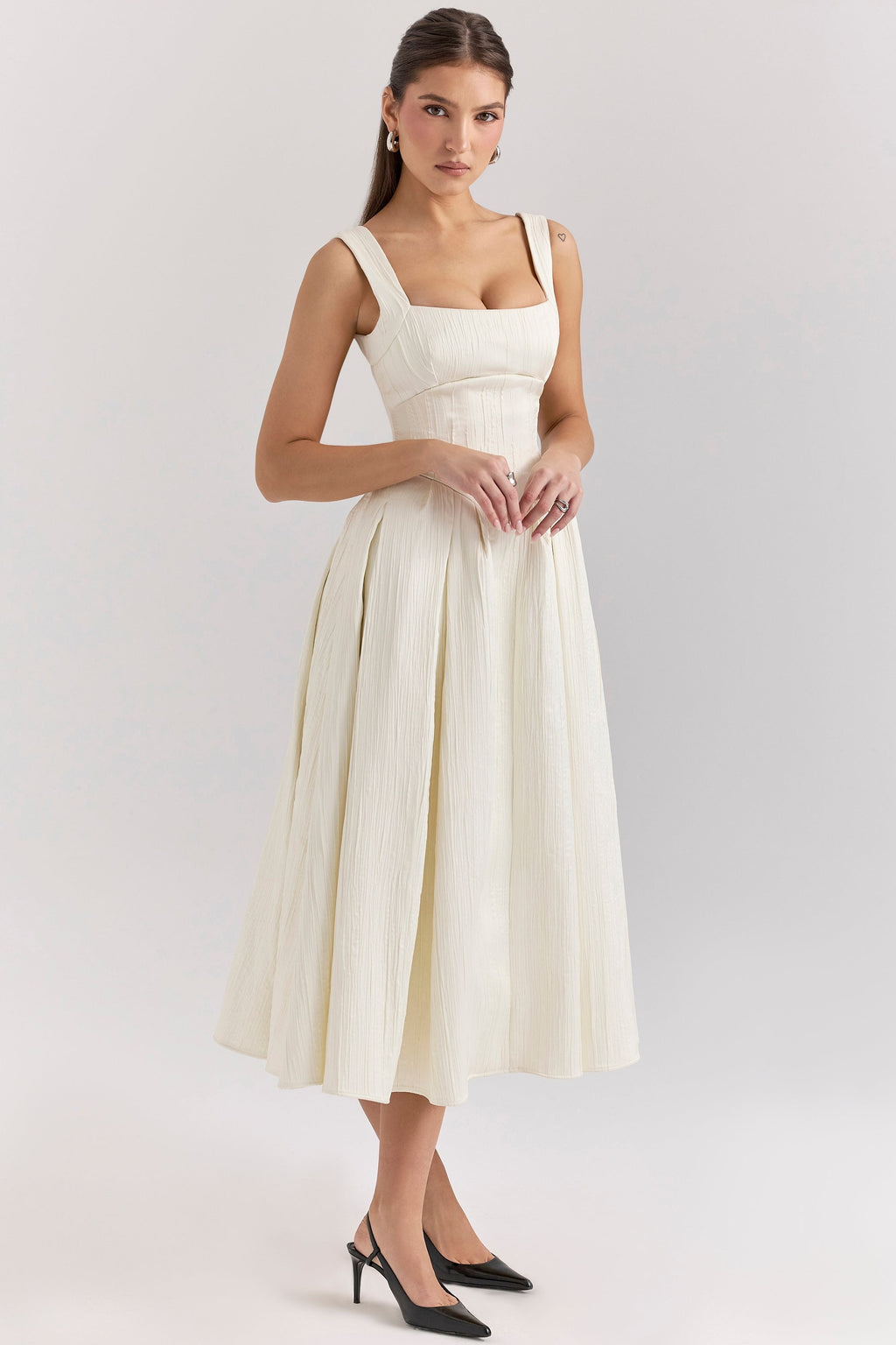 ivory textured satin corset midi dress