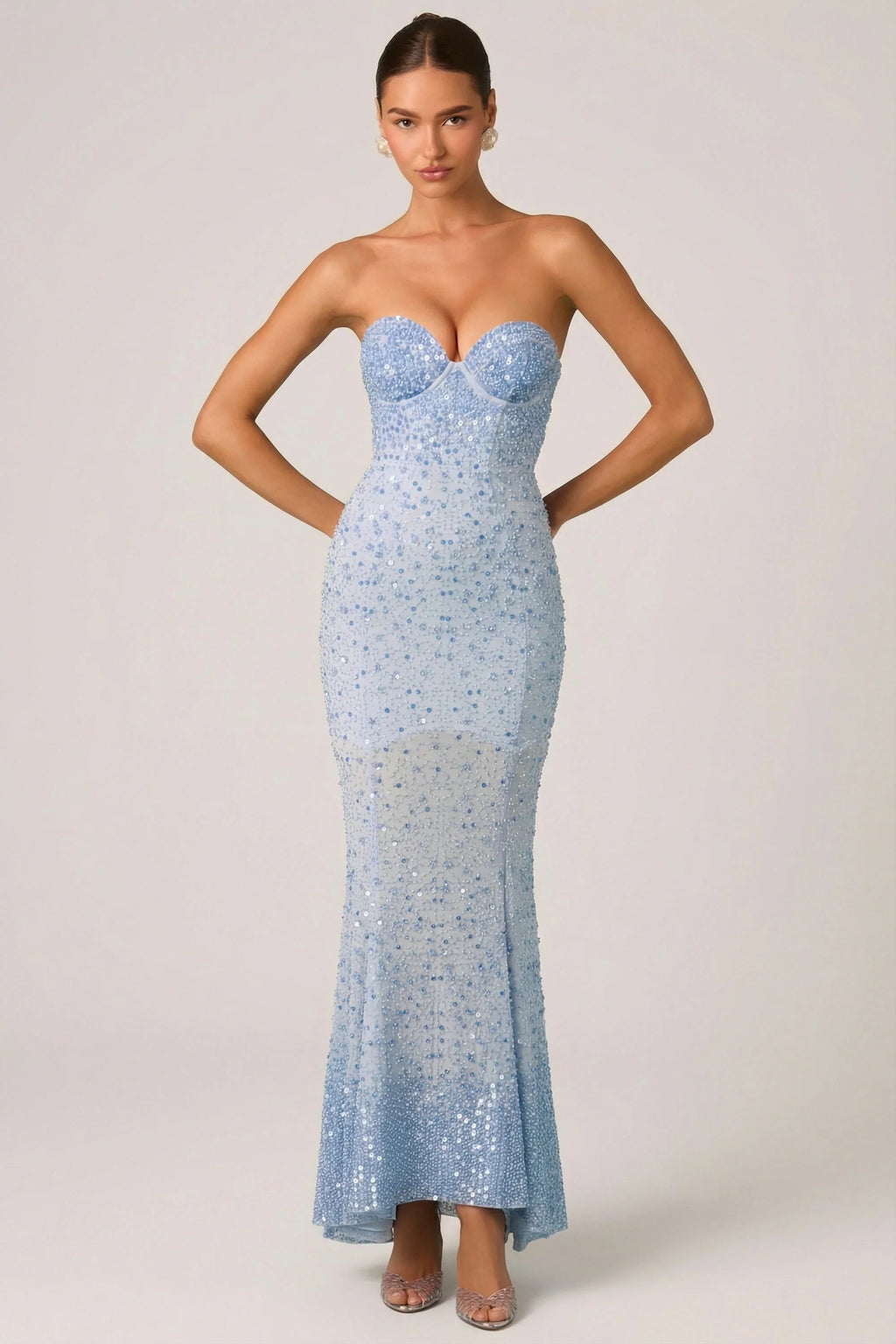 Embellished Sweetheart-Neck Fishtail Gown in Sky Blue