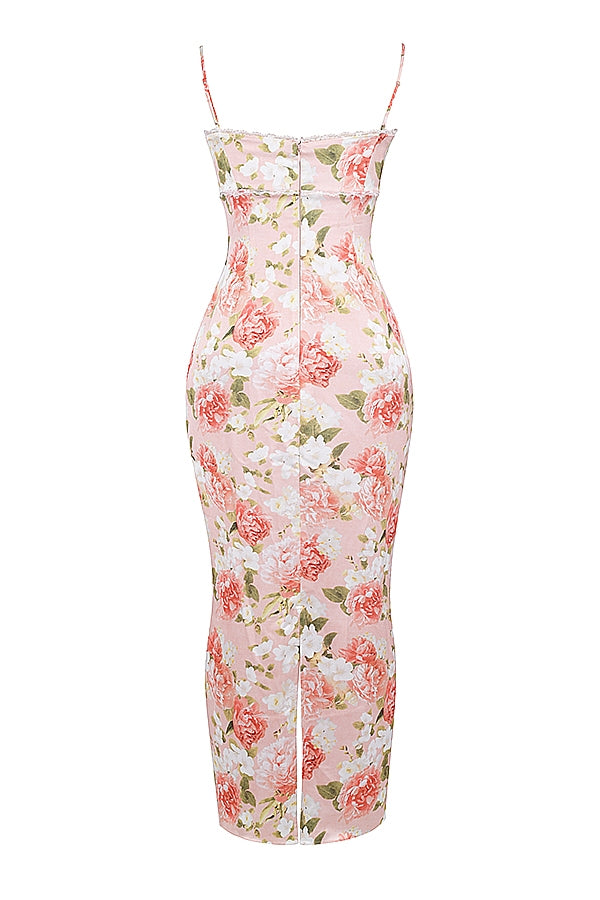 pink peony print satin maxi dress