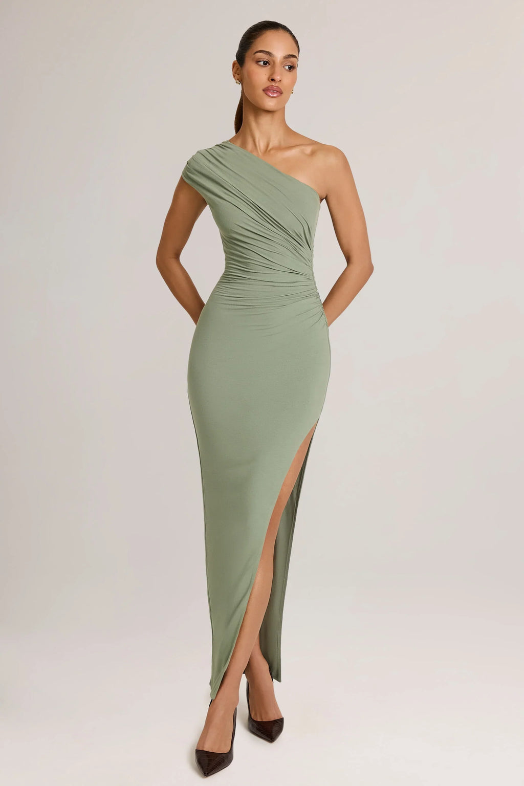 Modal Asymmetric Ruched Maxi Dress  in Sage Green