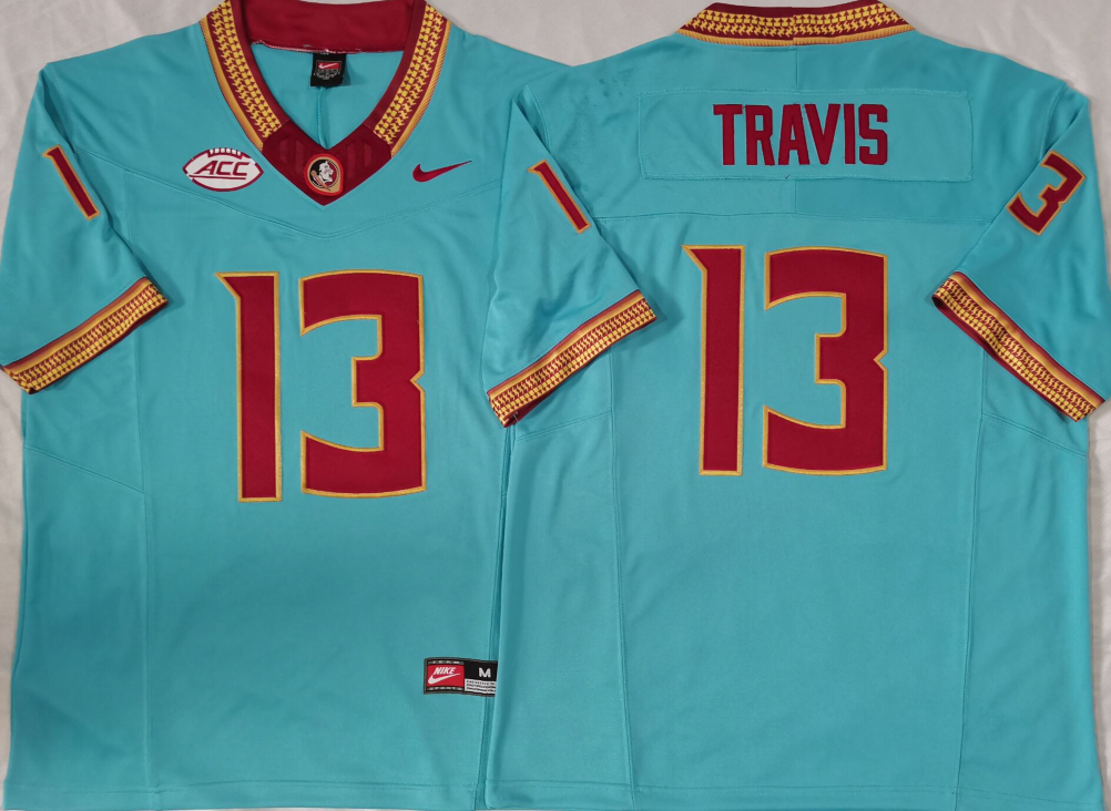 Men's Florida State Seminoles Jordan Travis #13 Turquoise Player Jersey
