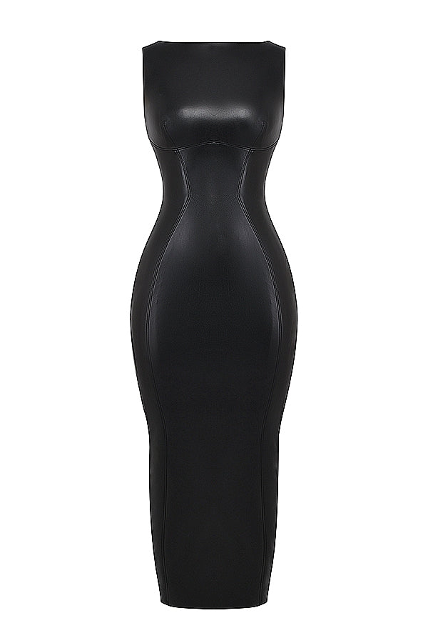 black vegan leather maxi dress