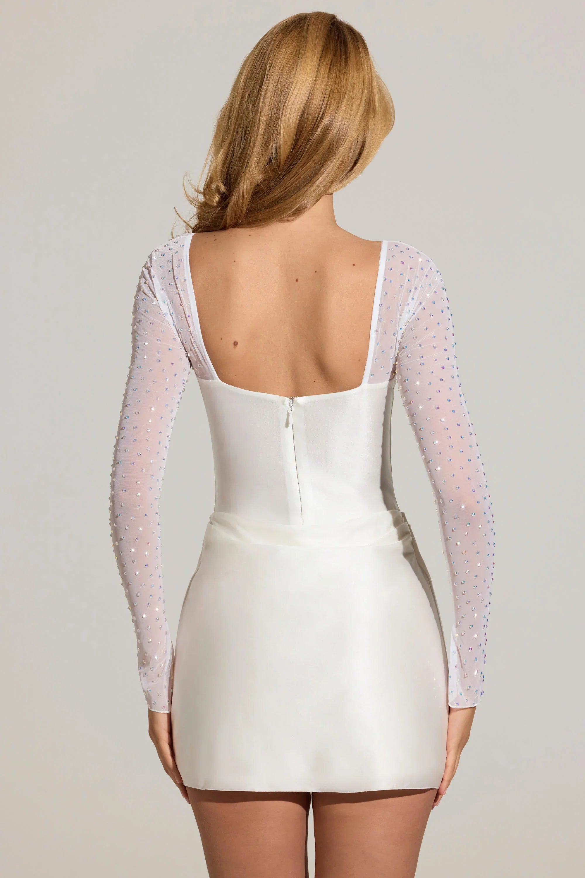 Embellished Long-Sleeve Draped Mini Dress in White