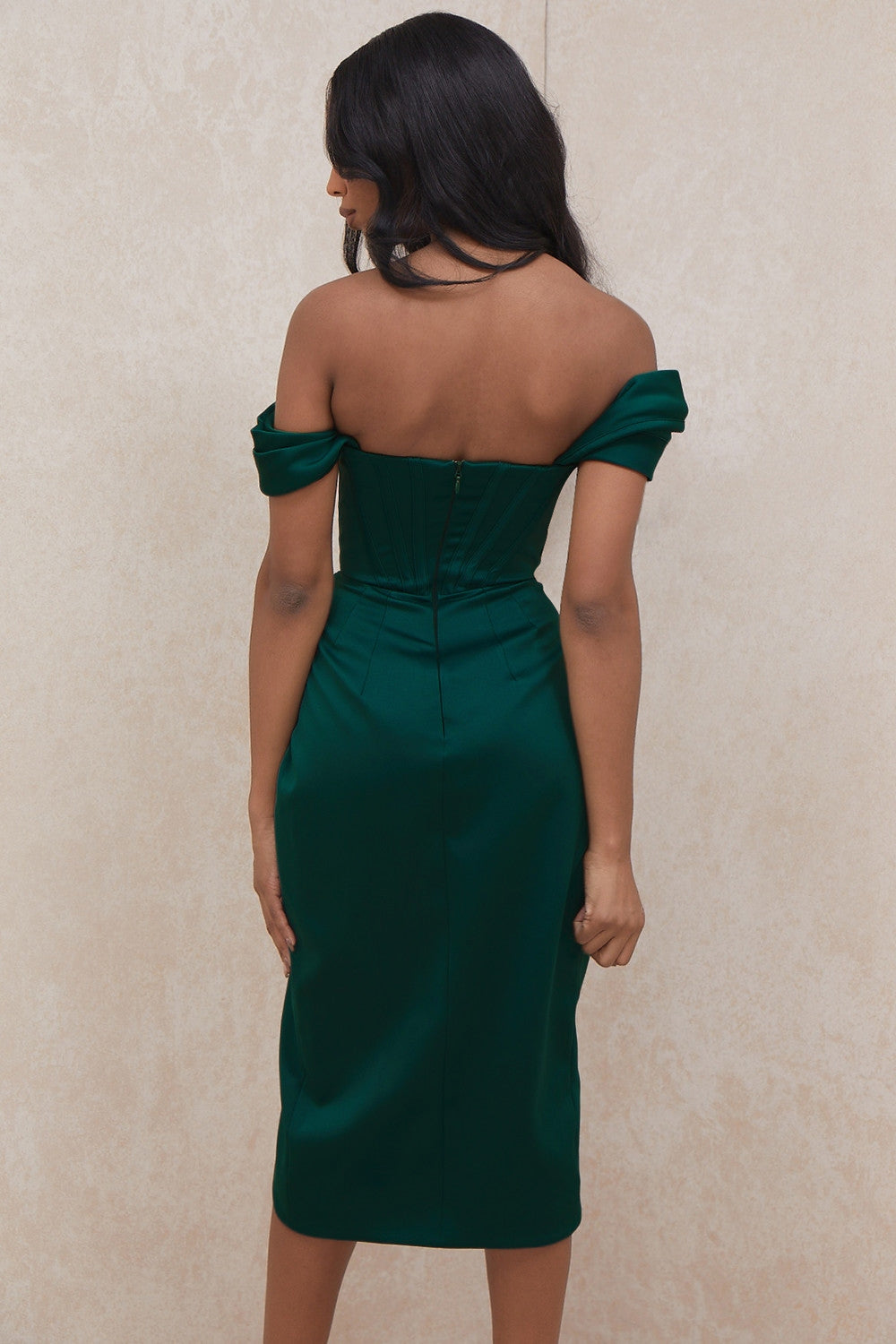 emerald green satin off shoulder dress