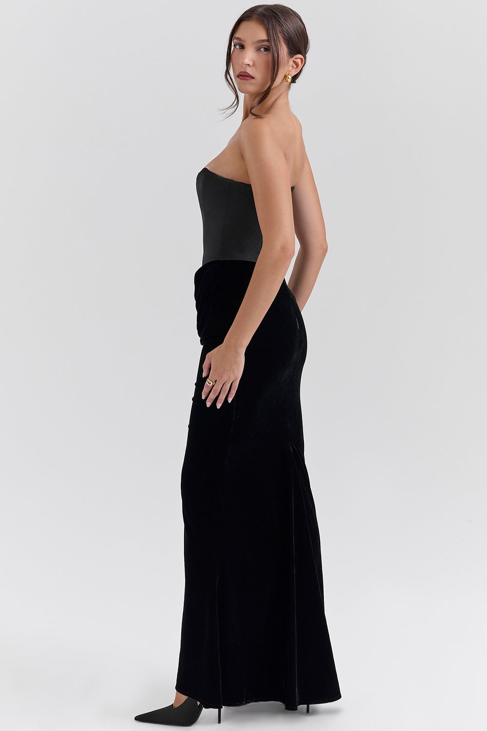 black velvet strapless corset maxi dress