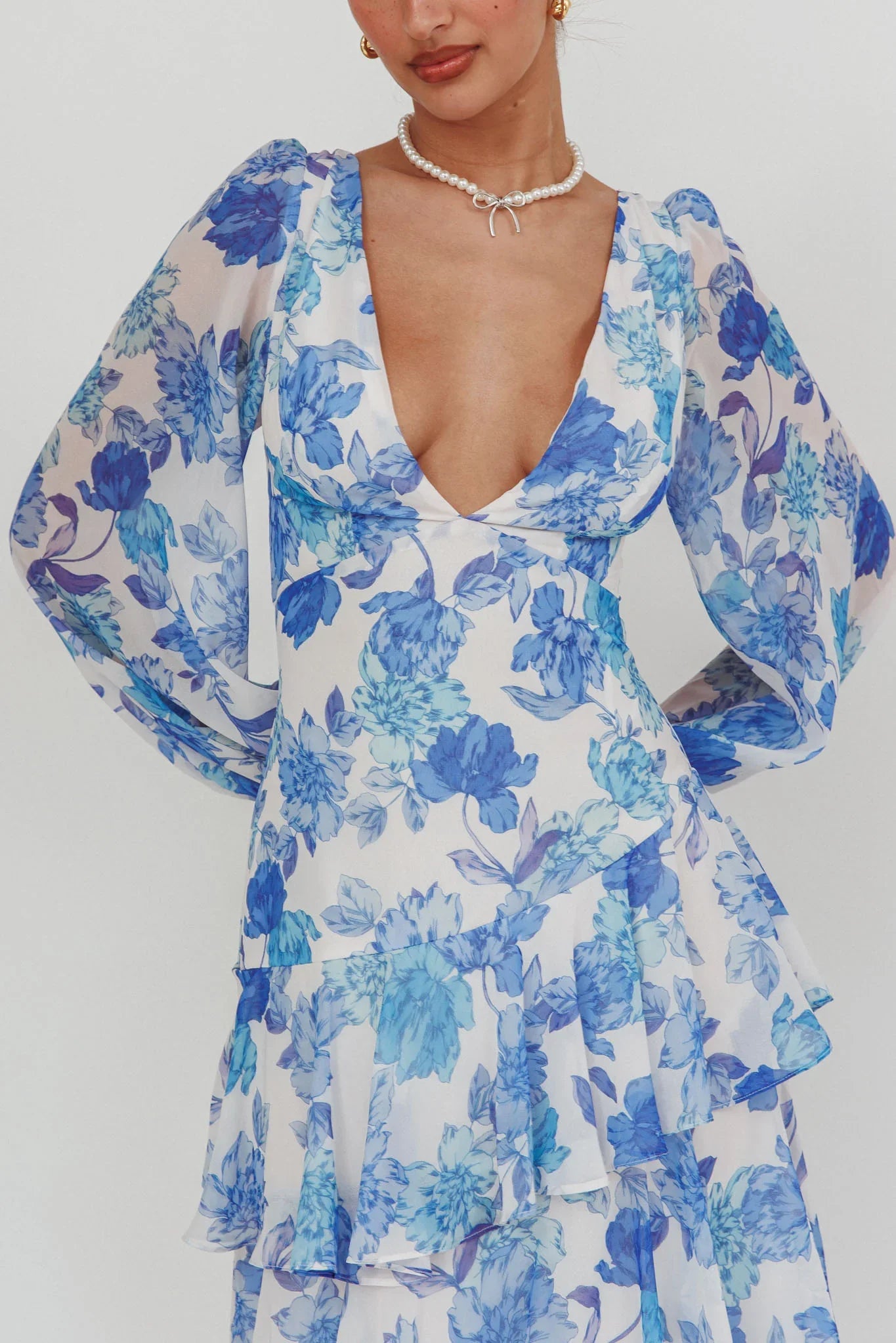 Veda Long Sleeve Floral Tiered Ruffle Maxi Dress Blue