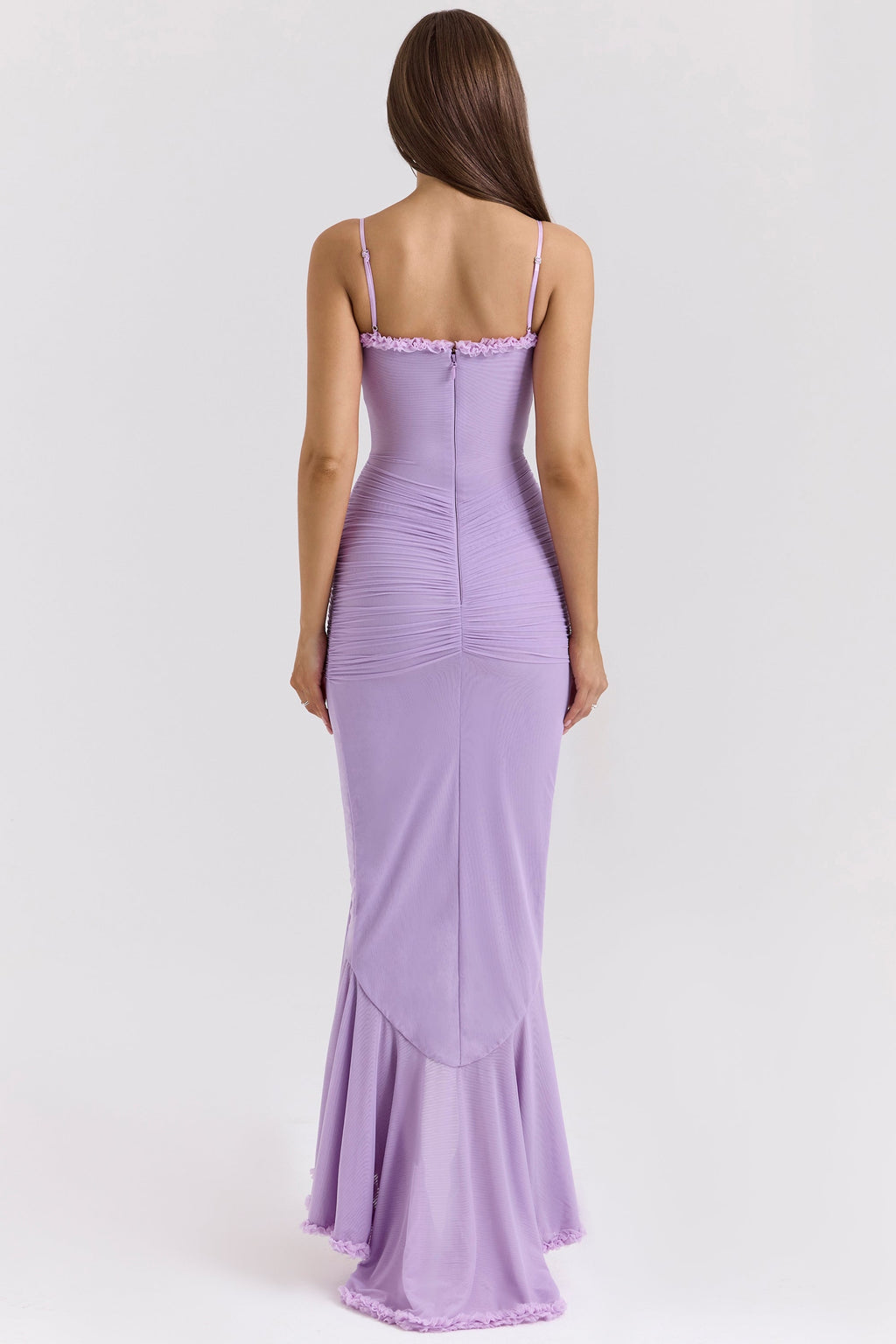 orchid mesh ruffled front gown