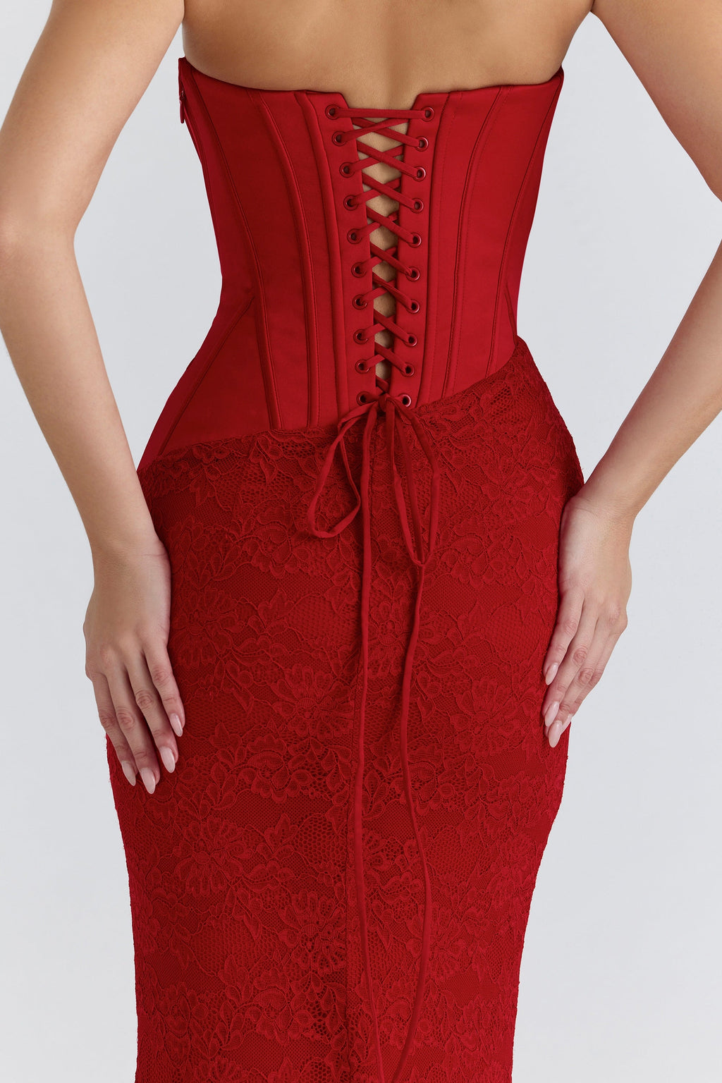 red satin lace strapless maxi dress