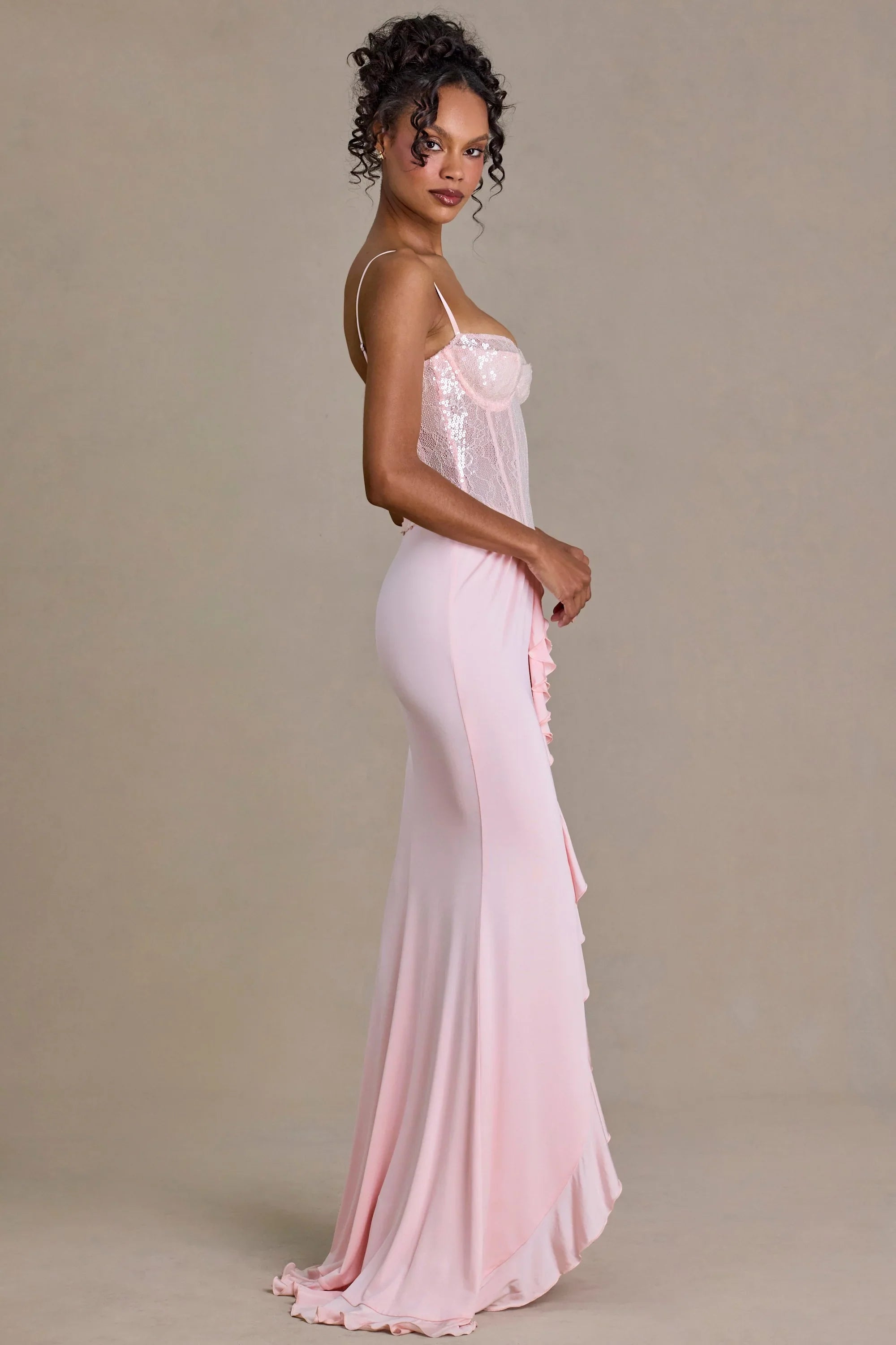 Embellished Lace Corset Gown in Baby Pink