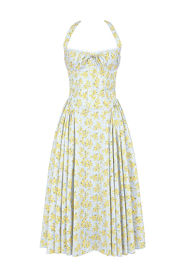 soft blue vintage floral print cotton halter sundress