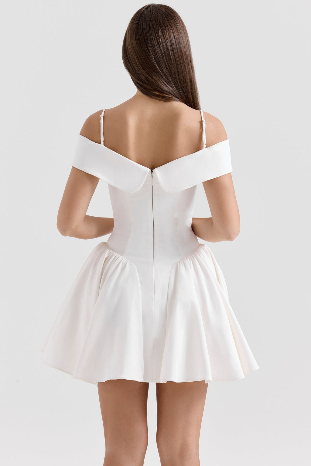 white twill off shoulder mini dress