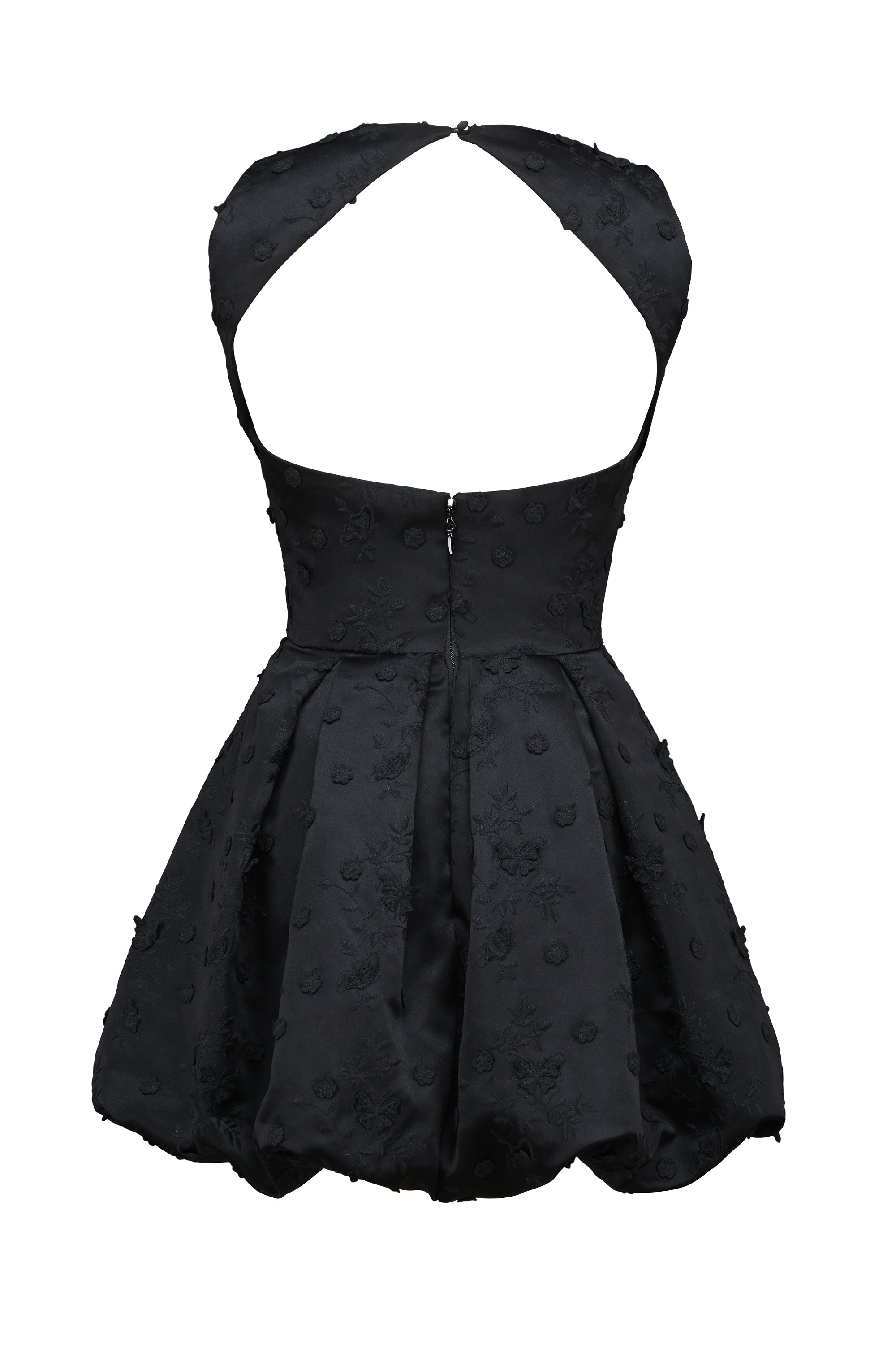black backless embroidered mini puffball dress