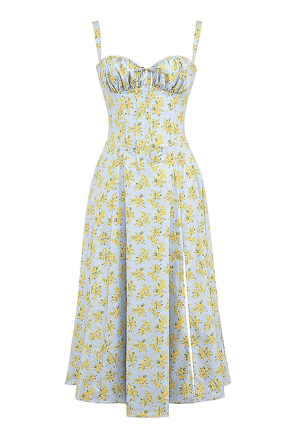 soft blue vintage floral print cotton bustier sundress