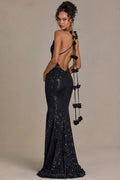 Embellished Plunge Open-Back Gown in Black