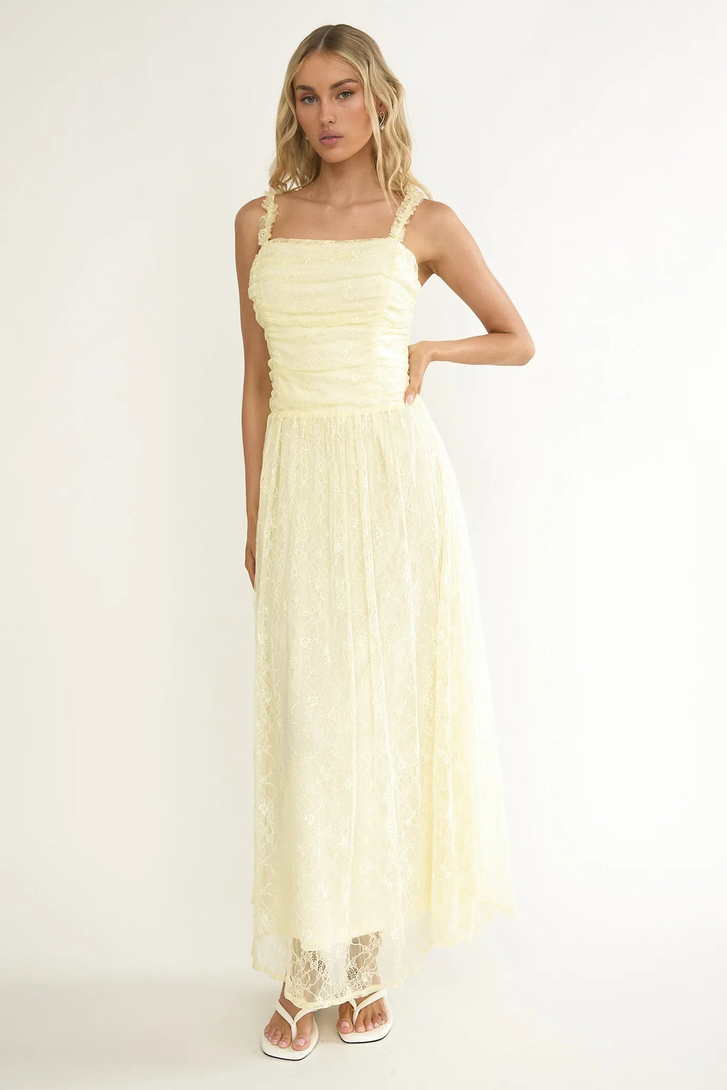 Dahlin Frill Strap Lace Overlay Maxi Dress Butter