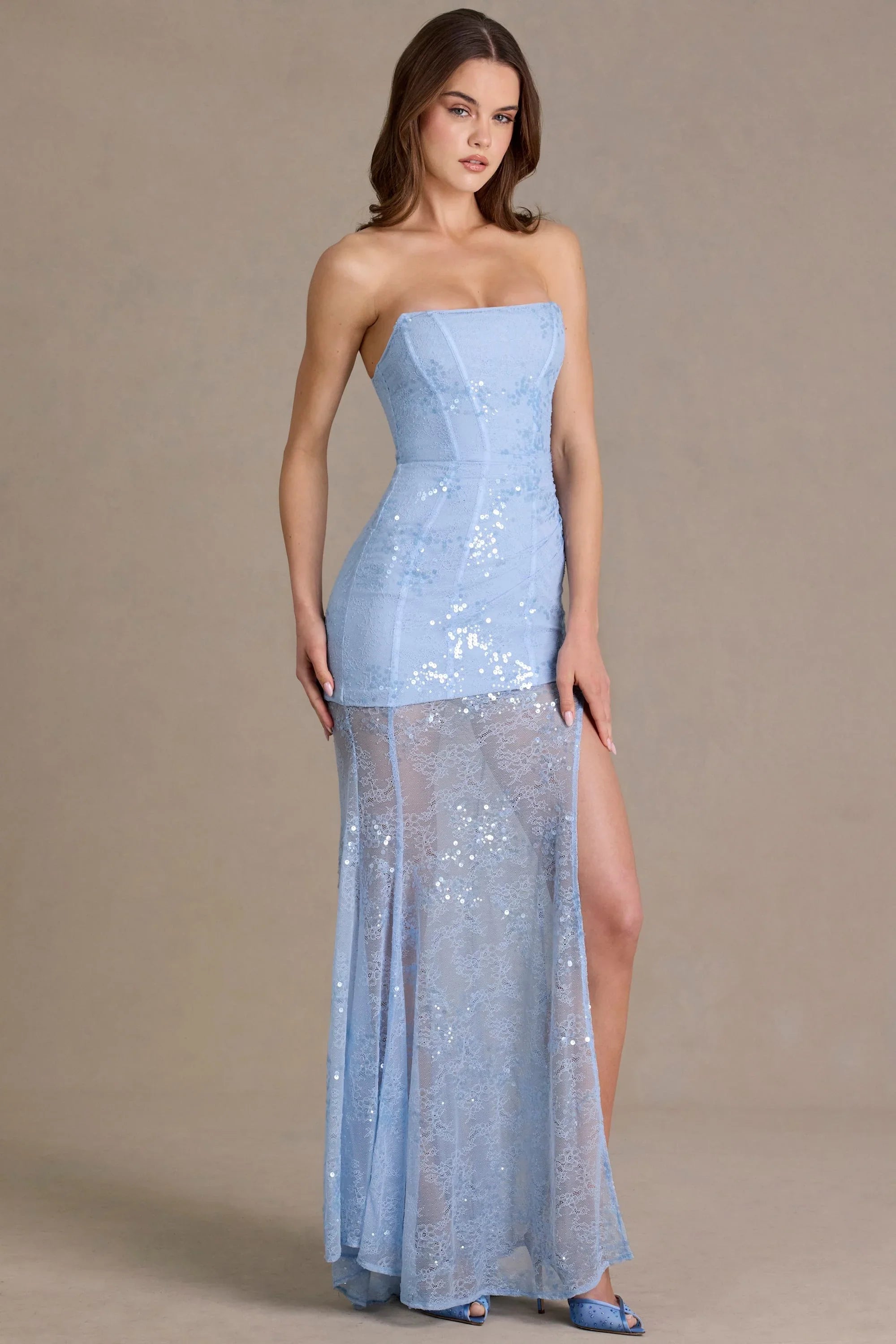 Embellished Lace Corset Gown in Sky Blue